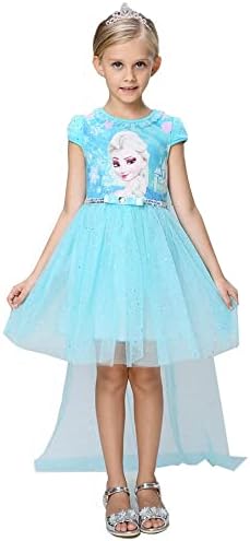 e-super Girl's Snow Queen Elsa Anna Princess Short / Long Sleeve Tutu Costume Cape Dress, Blue, 4-5T