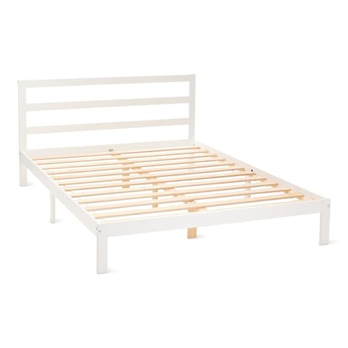 Amazon Basics Cama de Madera con Cabecero, Madera Maciza de Pino, Incluye Somier, 160 x 200 cm, Blanco