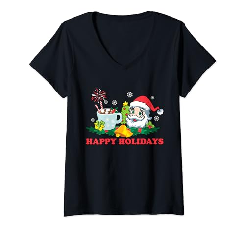 Happy Holidays Santa Hot Cocoa Family Matching Christmas Maglietta con Collo a V