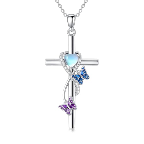 Collier croix argent 925 anti-allergie, coccinelle et pierre de lune