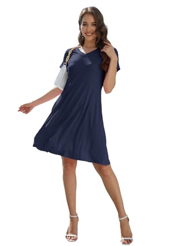 Alaster Queen Womens Casual Summer Dress, V Neck Midi, Short Sleeve, with Pocket, Solid Navy Blue, XXL - Image 5