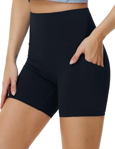 THE GYM PEOPLE Women's High Waist Yoga Shorts 5" Stretchy Tummy Control Biker Workout Running Short with Side Pockets3