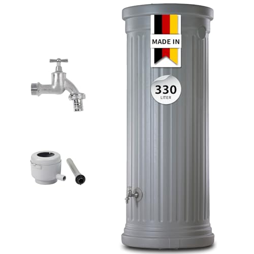 GARANTIA Säulentank Komplett-Set Regentonne 330 Liter steingrau inkl. Chrom-Auslaufhahn und Fallrohranschluss - Wassertank, Regenfass, Regenwassertonne, Wasserbehälter, Fass, Regenwassertank
