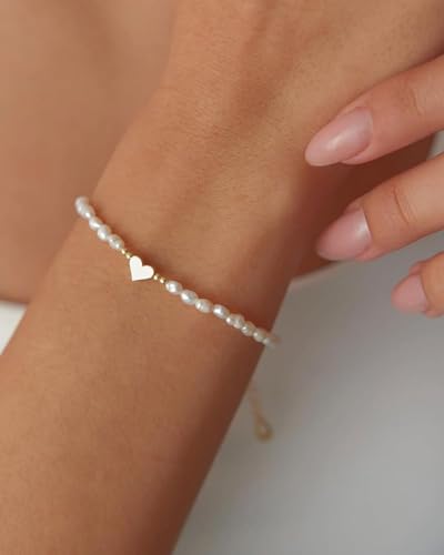 BPTRKOM 1 Stück Damen Armband- Goldene Perlen Armbänder Mit Herz Anhänger, 14K Vergoldete Cuban Link,Geeignet für Damen-Mädchen-Geburtstags-Weihnachtsgeschenke