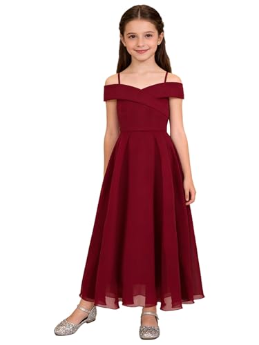 Vxuxlje Enfant Fille Robe Soirée Princesse Epaule Nue Robe Demoiselle d'honneur Mariage Cérémonie Robes de Fête Bal 6-16 Ans Bourgogne 11-12 Ans