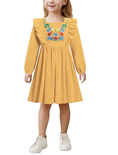 AWIBMK Kids Baby Girls Mexican Embroidered Dress Boho Floral Ruffle Long Sleeve Spring Fall Party Cinco de Mayo Dresses