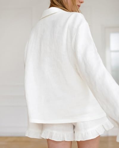 Womens Ruffle Pajama Sets 2 Piece Long Sleeve Button Down Shirt and Shorts Set Cozy Cotton Lounge Set4