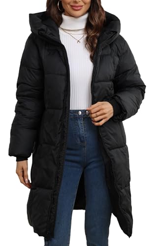 AIEOE Plumifero Mujer Largo Plumifero Ultraligero Mujer con Capucha Abrigo Plumas Ligero Mujer Largo Negro XL