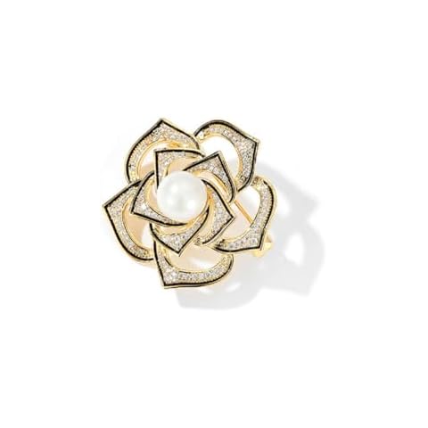 Black Camellia Flower Brooch Pin 14k Gold Plated Flower Floral Brooch with Pearl and CZ Lapel Pin Jewelry Cover