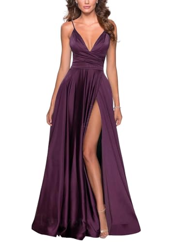 Image of Tvuyet Satin Bridesmaid Dresses with Slit Pleated A Line Spaghetti Straps Formal Prom Evening Gowns