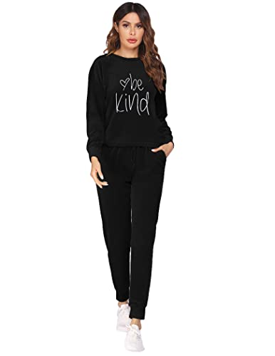 Hotouch Velour Jogging Suits For Women Two Piece Long Sleeve Crewneck Be Kind Print Velvet Tracksuit Sweat Outfit Sets With Pockets Plus Size, Black Xl #TOP1