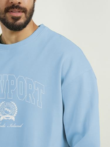 Image of Nobero Men's Graphic Printed Oversized Sweatshirt | Cotton Rich Fleece Round Neck Pullover | Relaxed Fit Casual Winter Wear for Men