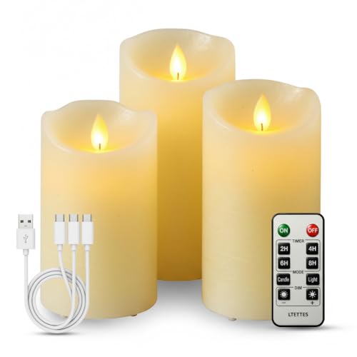Image of LTETTES Real Wax Rechargable LED Pillar Candles Set of 3 | Flameless flickring Wick | USB Type-C Cable with Remote | Perfect for Home Decor and Gifting | H-4'', 5'', 6'' x D-3'' | Ivory