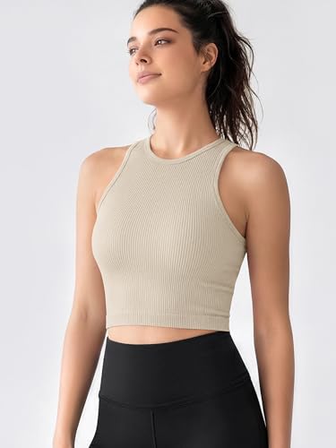 Image of ODODOS 3-Pack Seamless Crop Tank for Women Ribbed Soft High Neck Cropped Tops