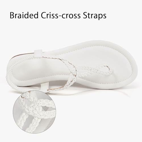 Image of iCKER Womens Braided T‑Strap Flat Sandals Elastic Stretch Ankle Strap | Boho cute casual lightweight and comfort matches dresses for beach vacation