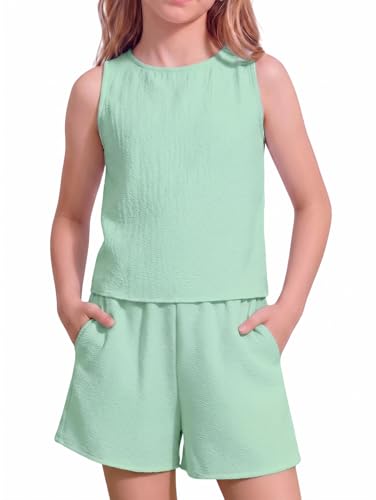 Image of Arshiner Girls Summer 2 Piece Outfit Sleeveless Top and Paperbag Waist Shorts with Pockets Kids Shorts Set Ages 5-13