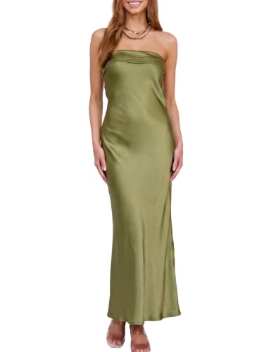 Image of Realtix Summer Satin Strapless Backless Maxi Dress for Women Wedding Guest