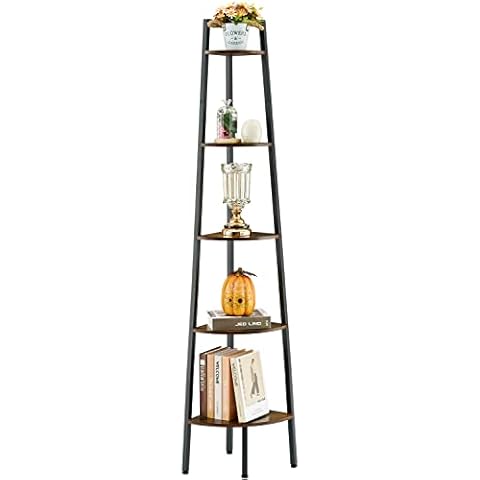 Hoctieon Corner Shelf, 5-Tier Corner Bookshelf, Rustic Corner Ladder Shelf, Industrial Display Shelf for Living Room, Kitchen, Home Office, Balcony, Small Space, Metal Frame, Rustic Brown Cover