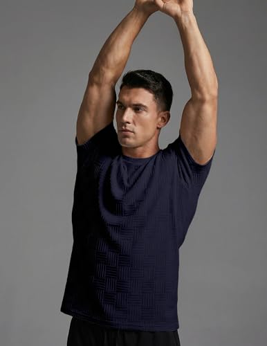Image of JMIERR Mens T-Shirt Casual Stretch Solid Crewneck Short Sleeve Tees Textured Shirts