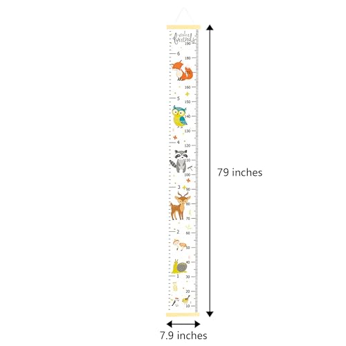 DOOLMIN Baby Height Growth Chart, Canvas Height Measuring Chart for Kids Child Toddler Boys Girls, 79\" x 7.9\" Hangable and Removable Waterproof Wood Ruler for Wall Room Nursery Décor (White Fox)