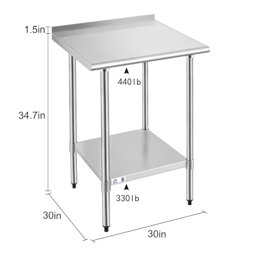 Image of ROCKPOINT Stainless Steel Prep & Work with Backsplash 30x30 Inches, NSF Metal Commercial Kitchen Heavy Duty Table with Undershelf for Restaurant, Home and Hotel