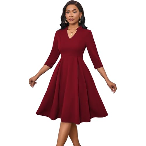 Max2co Midi Dresses for Women Semi Formal Fit and Flare A-Line Swing Dress 3/4 Sleeve Church Cocktail Dress with Pockets