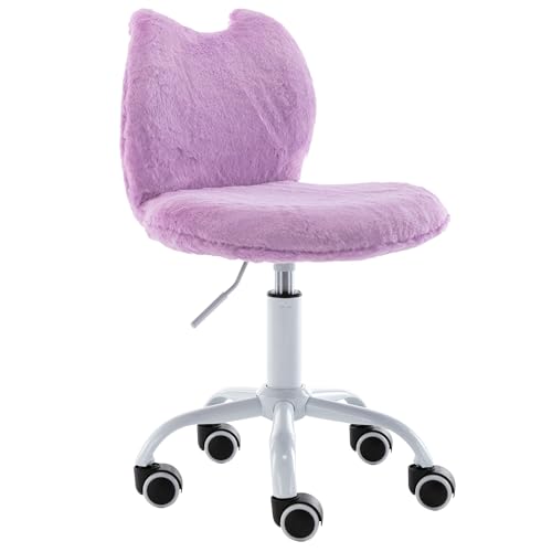 Modern Cute Cat Kids Desk Chair Comfortable Fuzzy Small Desk Chair for Girls and Boys Ergonomic Adjustable Swivel Computer Chair Hello Kitty Vanity Chair Study Rolling Stools with Wheels Purple