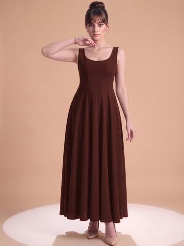 Image of Aahwan Solid Fit and Flared Round Neck Midi Dress for Women's & Girl's