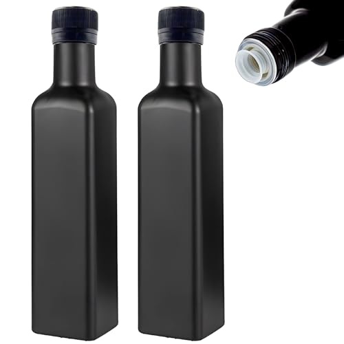 mikken 2 x Ölflasche 250 ml mit Ausgiesser Ölspender Glasflasche schwarz inkl. Etiketten