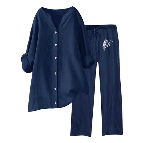 Ensemble chic femme en coton et lin avec chemise longue et pantalon large