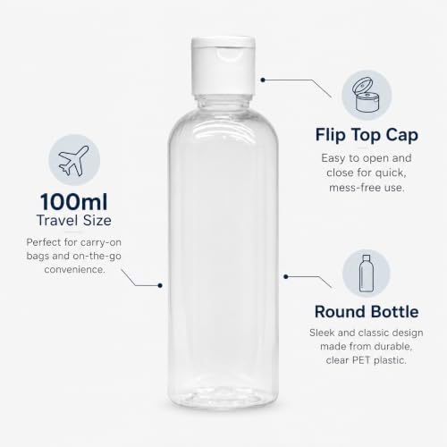 Image of MAPPERZ Empty Clear Refillable Bottles Travel Size, Cosmetic Containers Small Leak Proof Squeeze Bottles with White Flip Top Cap for Toiletries, Shampoo, Round, 100ml, Pack of 6