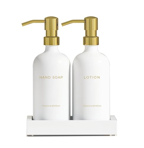 Soap Dispenser Bathroom Set - Hand Soap and Lotion Dispenser Set with Tray, Modern Bathroom Decor & Accessories.(Gold)