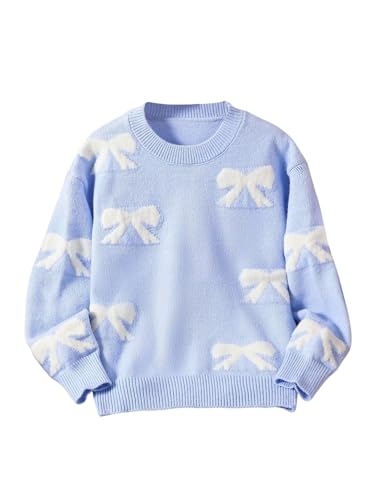 Image of BEAUDRM Girl's Cute Bow Sweater Crew Neck Long Sleeve Drop Shoulder Loose Pullover Tops