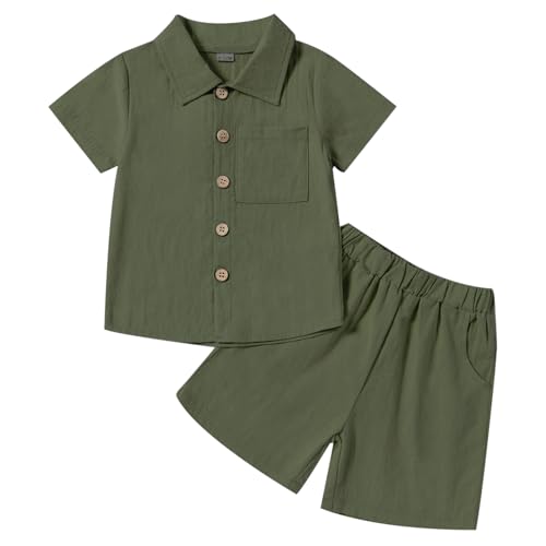 Image of Neutocd Toddler Baby Boy Summer Clothes Cotton Linen Short Sleeve Solid Button Down Shirt Shorts Set Outfits with Pockets