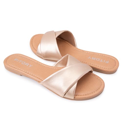 Image of FITORY Women's Flat Sandals Fashion Slides With Soft Leather Slippers for Summer Size 6-11