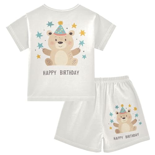 Bear Holding Stars Ivory Pajama Set Short Sleeve PJ Set Cotton Summer Pajamas Sleepwear Soft 5Y2