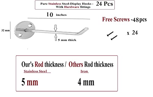 Image of Q1 Beads 24 Pack 10 inch Stainless Steel Wall Mount Mobile Shop, Billing Counter Display Hook Hanger Combo Pack with Hardware Fittings(10 Inches, Pack of 24)