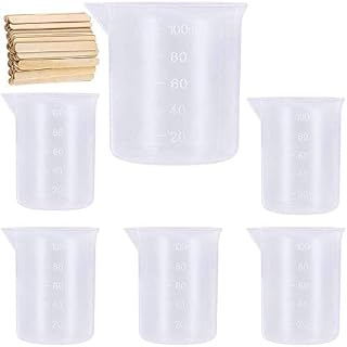 TSKDKIT 6 Pcs 100ml Silicone Measuring Cups for Resin Silicone Measuring Jugs Small Graduated Cups Little Graduated Beakers for Epoxy Casting Molds, Paint, Art, with 20 Wooden Sticks