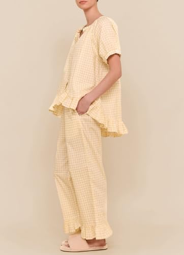 Image of Argeousgor Women Plaid 2 Piece Pajama Set Button Down Puff Sleeve Babydoll Shirt Gingham Pants Pj Lounge Set Sleepwear