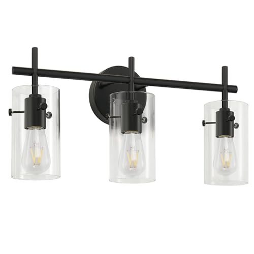 Indoi Bathroom Light Fixtures, 3-Light Matte Black Vanity Light, Black Bathroom Lights Over Mirror with Clear Glass Shade, Wall Sconces for Mirror Bedroom Living Room Hallway