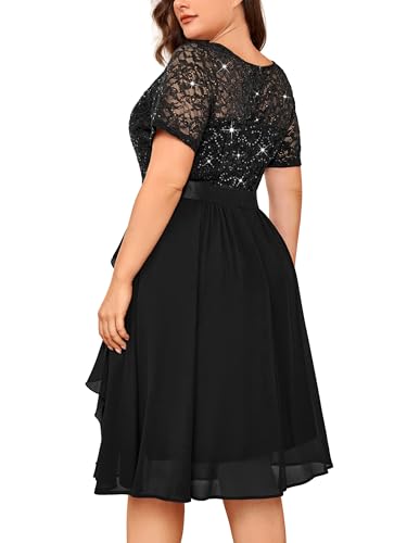 MISSMAY Women's Plus Size Sequins Lace Contrast Chiffon V Neck Flowy Cocktail Party Prom Midi Dress2