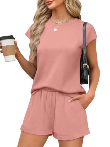Image of WIHOLL 2 Piece Sets for Women Casual Summer Travel Vacation Outfits Cap Sleeve Shorts Lounge Set