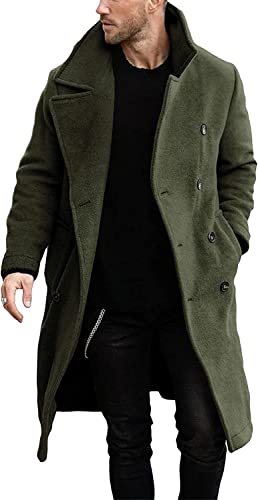 Runcati Abrigo de hombre de corte regular, gabardina, solapa larga, cruzado, lana, negocios, chaqueta de invierno, peacoat, verde, XXL
