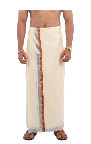 Image of Mens Print along with Border 100% Cotton Cream Dhoti 4.00 Meters Double Mundu /Vesti