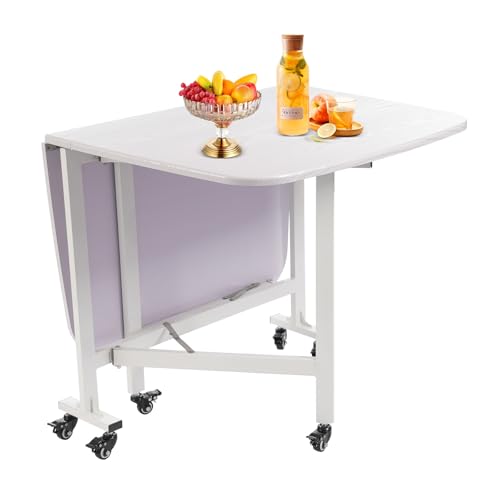 SanBouSi Mesa de comedor plegable de cocina con 6 ruedas, mesa de comedor con patas de acero, vetas de madera blanca, para 4-6 personas, mesa de comedor para espacios pequeños, cocina, comedor
