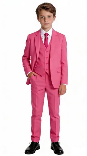 Kids Suit for Toddler Boy Hot Pink Wedding Tuxedo Classic Formal Wear Ring Bearer Outfit Slim fit Dress Clothes 5 Pieces Little Boys Suits Size 8