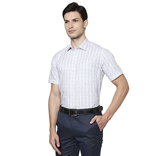 Image of Park Avenue Men's Pure Cotton Checks Pattern Regular Fit Semi Cutaway Collar Half Sleeve Formal Shirt