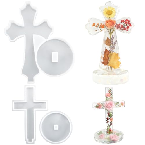 ZLFSRQ 2Pcs Cross Silicone Molds with Base Crucifix Mold for Epoxy Resin Large Small Resin Mold Desk Decoration Crafting Christmas Ornaments Craft DIY Blessed Cross Christian Gift (7 inch & 5 inch)