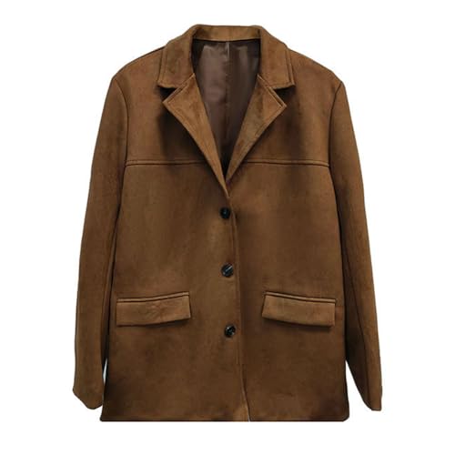 Faux Suede Blazer for Women's Lapel Collar Button Front Long Sleeve Jacket3