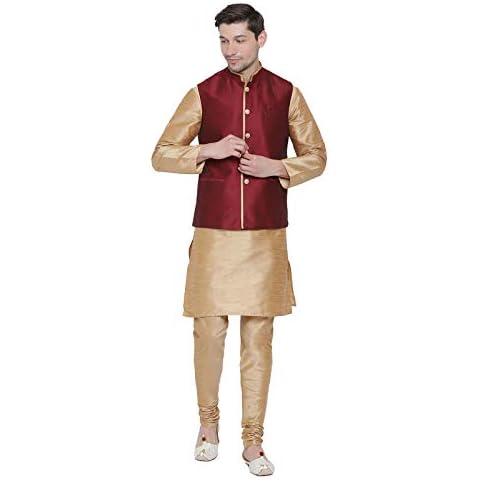 STYLE INSTANT Men's Indian Silk Blend Kurta Pajama And Nehru Jacket (Waistcoat) Traditional Wedding Diwali Dress Set Beige Cover